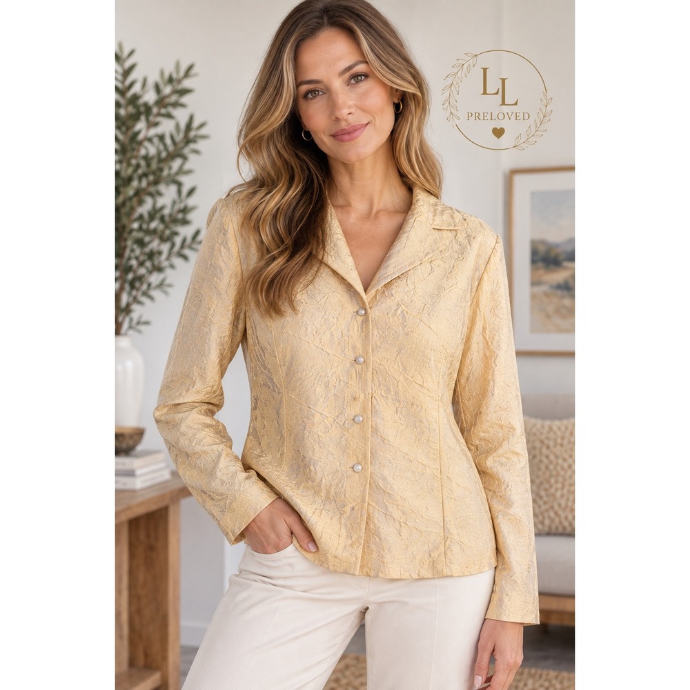Eileen Fisher Silk Blouse Womens PL Gold Crinkle Button Down Quiet Luxury